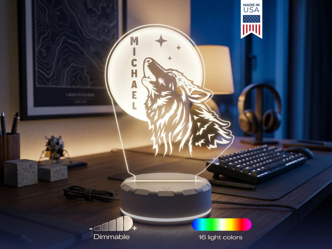 Wolf LED Lamp With Name - Personalized Animal Light for Boys Room ...