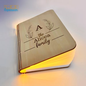Family Personalized  Book Wood Engrave Light , Customized Magnetic Lamp, Night Light Book Lamp, 6-8 Hours of battery.  Custom Lamp
