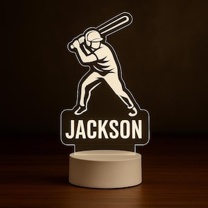 Baseball Player Personalized LED Night Light - Custom Name Gift for Fans, Sports Bedroom, Game Room Decor, Party Enhancer, Remote Included