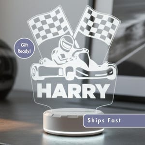 Racing Go Kart LED Lamp with Name - Custom Racer Gift for Boys or Teens, Cool Race Car Room Decor, Personalized Night Light for Drivers