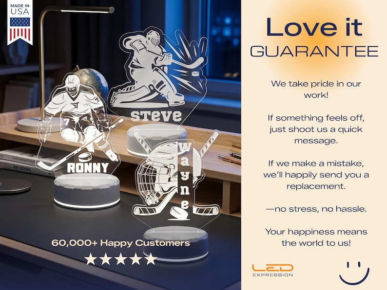 May include: A hockey-themed LED night light with the names "Ronny", "Steve", and "Wayne" etched into the acrylic. The light features hockey player silhouettes and a hockey puck design. The base is a dark gray color. The text "60,000+ Happy Customers" is also visible.