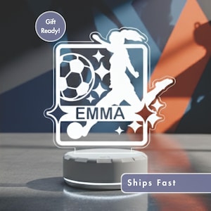 Girls Soccer LED Night Light with Name - Custom Lamp for Kids Room - Soccer Gift for Girls - Sports Room Light - Gift for Soccer Fans