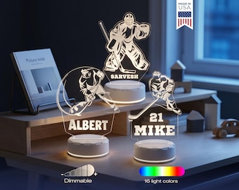 Personalized Hockey Player LED Night Light – Custom Name & Number Sports Lamp, Gift for Athletes, Kids, or Coaches, Ships Fast