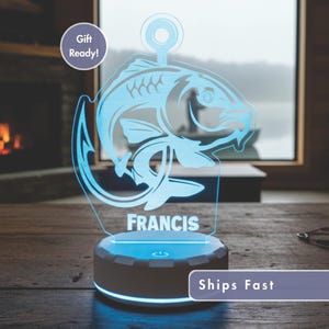 Fishing LED Lamp with Name - Custom Fisherman Gift, Cabin or Lake House Decor, Unique Night Light for Men Who Love Fishing Adventures