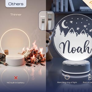 May include: A round, illuminated night light with the name "Noah" etched into the surface. The design features a mountain and forest scene with stars and a crescent moon. The base has a matching ring of light and a built-in battery.