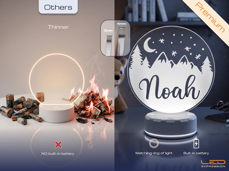 May include: A round, illuminated night light with the name "Noah" etched into the surface. The design features a mountain and forest scene with stars and a crescent moon. The base has a matching ring of light and a built-in battery.