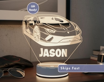 Personalized Sports Car LED Night Light – Custom Name Racing Lamp, Gift for Car Enthusiasts, Boys Room or Desk Decor, Ships Fast