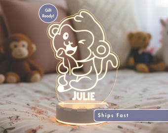 Personalized Monkey LED Night Light with Custom Name – Cute Animal Nursery Lamp, Baby Shower Gift, Kids Room Decor for Boys or Girls