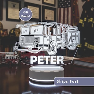 Personalized Fire Truck LED Night Light – Custom Name Firefighter Lamp, Hero Gift for Kids or Firemen, Unique Room or Office Decor