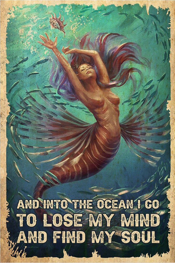 Targa In Metallo Decorativa Sirena - Scritta 'Into The Ocean I Go...' 20x30 Cm - Vintage Mare - 3