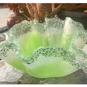 Green Iridescent Resin Bowl, Handmade Crushed Glass Centerpiece