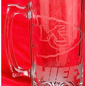 Kansas City Chiefs Etched Beer Mug, NFL Fan Gift, Personalized Barware