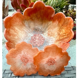 Orange Flower Resin Bowl Set, Copper Leaf Accent Decorative Centerpiece
