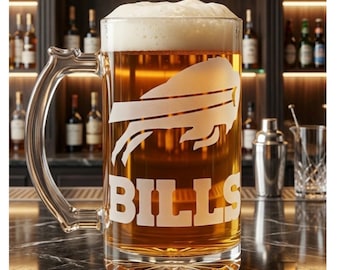 Buffalo Bills Etched Beer Mug, Football Fan Gift, Personalized Bar Decor
