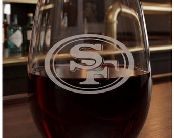 San Francisco Etched Stemless Wine Glass, NFL Football Fan, Personalized Gifts