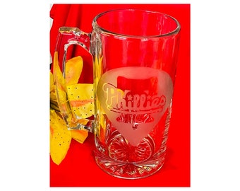 Philadelphia Phillies 16 Ounce 26 Ounce Etched Glass Beer Mug Philles Baseball Gifts Engraved Beer Mug Custom Glasses MLB Gifts