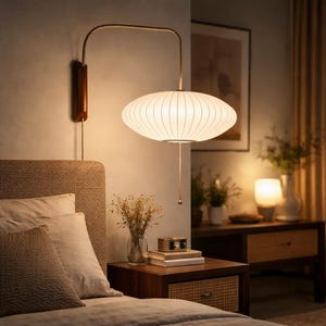 Japanese Style Wall Lamp, Silk Shade Bedside Sconce, Modern Walnut Wood Wall Light for Bedroom Living Room