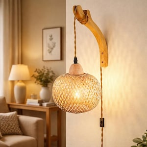 Insteekbare rotan wandkandelaar | Handgeweven bamboe wandlamp met verstelbaar koord, boho-lamp, ronde lampenkap of cilinderkap
