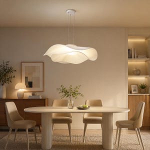 Lotus Leaf Pendant Light, White Fabric Chandelier, Modern Pleated Hanging Lamp for Dining Room, Bedroom, Japandi Lighting