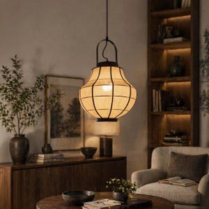 Lantern Fabric Pendant Light, Wabi Sabi Hanging Lamp, Black Frame Ceiling Light for Dining Room Living Room