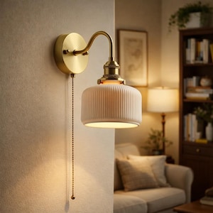 Modern Ceramic Wall Sconce with Pull Chain, Ribbed Ceramic Wall Lamp, Brass Japanese Nordic Style Bedside Light for Bedroom Hallway