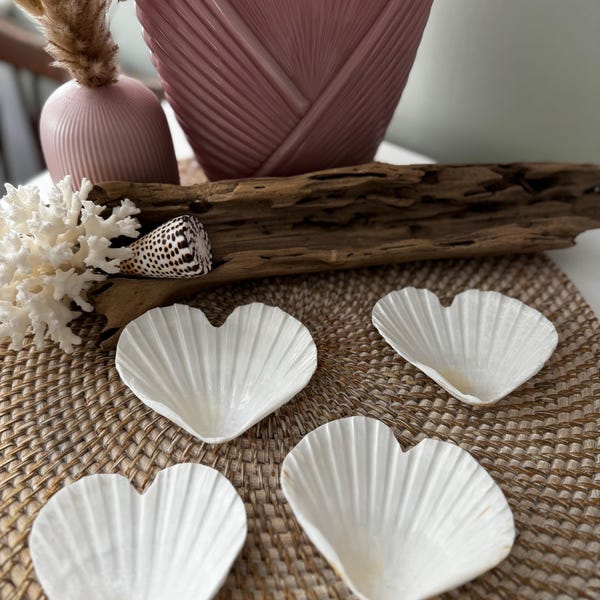 White Heart-Shaped Scallop Shell – Hand-Cut Shell Dish for Jewelry, Soap, or Coastal Decor | Beach Wedding Favor | Sold Individually