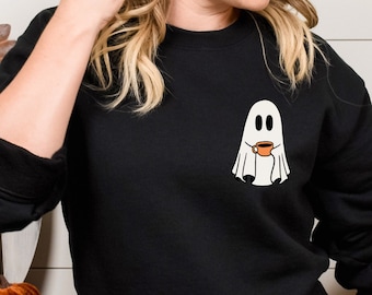 Ghost Drinking Coffee Sweatshirt, Pocket Spooky Coffee Lover, Halloween Coffee Sweatshirt, Coffee Lover, Halloween Ghost Sweatshirt