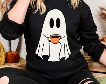 Ghost Drinking Coffee Sweatshirt, Spooky Coffee Lover, Halloween Coffee Sweatshirt, Coffee Lover, Halloween Ghost Sweatshirt