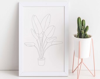 Botanical Line Art | Digital Download | Physical Print | House Plant Art | Potted Plant Line Art | Minimalist House Plant | Bird of Paradise