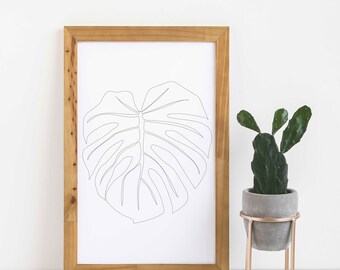 Botanical Line Art | Digital Download | Physical Print | House Plant Art | Potted Plant Line Art | Minimalist House Plant | Monstera Leaf