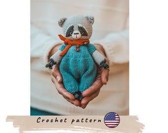 Raccoon with overall crochet pattern. Amigurumi forest animal (PDF Pattern).