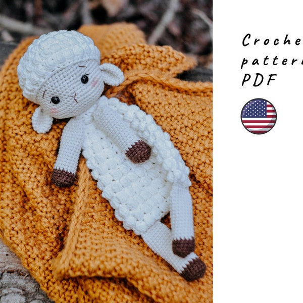 Lamb lovey blanket. The playful security blanket. Lamb crochet pattern. PDF crochet pattern in English. Cute crochet lamb pattern.