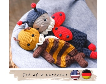 Crochet bee and ladybug lovey blanket pattern, Set of 2 (PDF). Snuggler crochet toy.