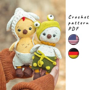 Funny Easter Chick in frog and bunny outfits. Crochet toy pattern. Amigurumi crochet pattern. Easter crochet toy. Crochet Easter pattern.