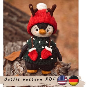 Christmas outfit for penguin. DIY Christmas toy. Cute Christmas outfit pattern. Crochet Christmas pattern in English und German.