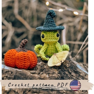 Frog crochet pattern. Halloween pumpkin pattern. Halloween decoration pattern. Amigurumi frog pattern. Funny Halloween frog with pumpkin.