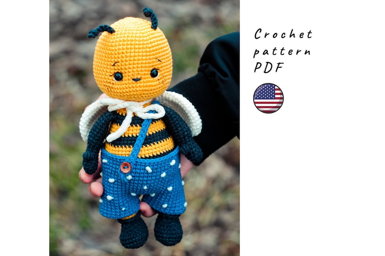 This is PDF English crochet pattern. Using this pattern you will crochet a cute bee. The legs and the pants are removable.