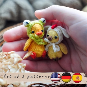 May include: A set of two crochet patterns for making a yellow chick and a green frog. The patterns are available in English, German, and Spanish.