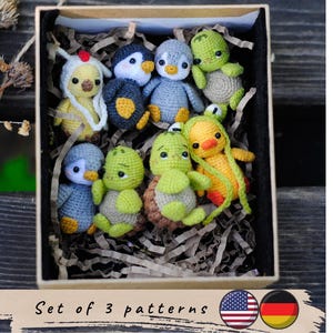 Set of 3 patterns. Miniature toy crochet pattern. Penguin pattern. Cute turtle crochet pattern. Easter duck and chicken crochet pattern.