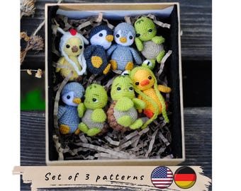 Set of 3 patterns. Miniature toy crochet pattern. Penguin pattern. Cute turtle crochet pattern. Easter duck and chicken crochet pattern.