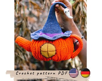 Pumpkin teapot crochet pattern (PDF) Halloween decoration.
