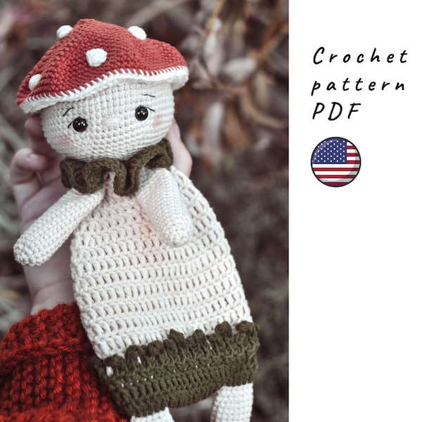 Mushroom lovey blanket. The playful security blanket. Mushroom crochet pattern. PDF crochet pattern in English. Amigurumi mushroom pattern.