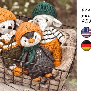 Amigurumi patterns set. Penguin crochet pattern. Hedgehog crochet pattern. Elephant crochet pattern.