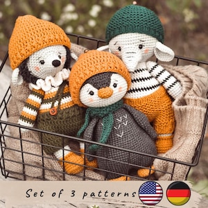 Set di 3 modelli. Modello uncinetto pinguino. Modello uncinetto riccio. Modello uncinetto elefante. Modello uncinetto giocattolo carino.