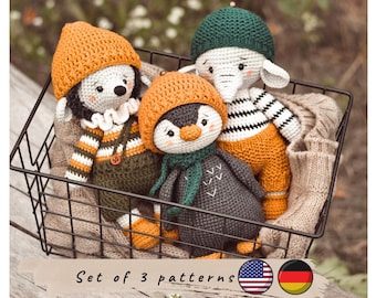 Set of 3 patterns. Penguin crochet pattern. Hedgehog crochet pattern. Elephant crochet pattern. Cute crochet toy pattern.