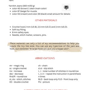May include: A page from a crochet pattern listing materials, including YarnArt Jeans in brown, beige, cream, and black. Other materials include crochet hooks, toy filling, safety eyes, and tools. Abbreviations and pattern terminology are also listed.