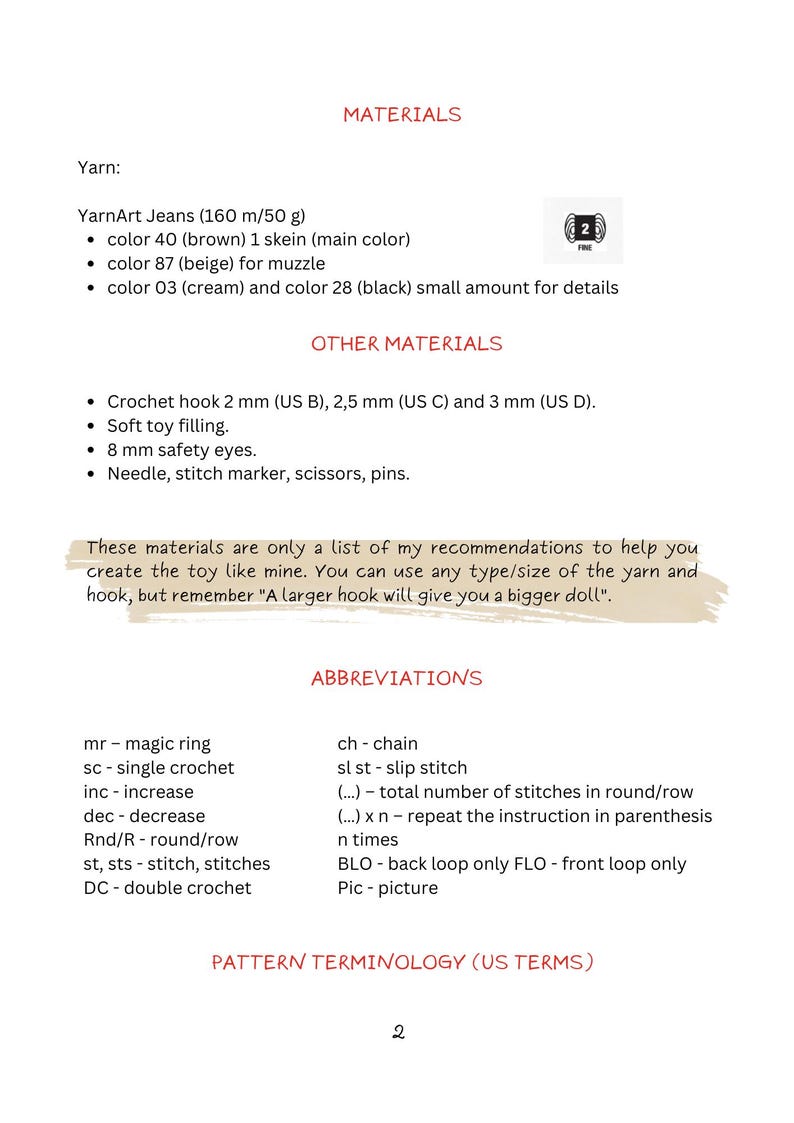 May include: A page from a crochet pattern listing materials, including YarnArt Jeans in brown, beige, cream, and black. Other materials include crochet hooks, toy filling, safety eyes, and tools. Abbreviations and pattern terminology are also listed.