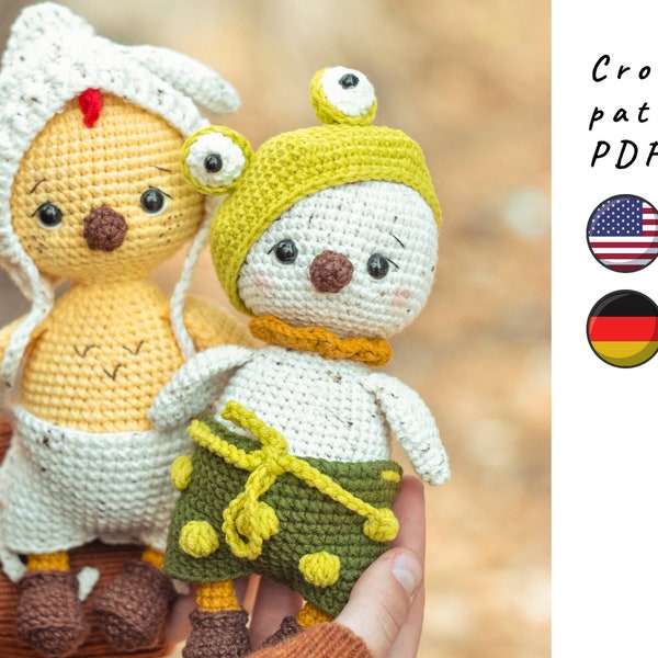 Funny Easter Chick in frog and bunny outfits. Crochet toy pattern. Amigurumi crochet pattern. Easter crochet toy.