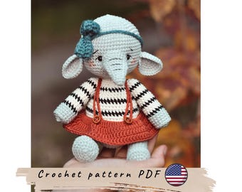 Elephant crochet pattern. Amigurumi elephant pattern. Cute crochet elephant with clothes pattern.