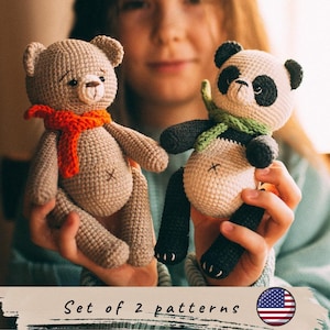 Schema uncinetto orso e panda. Set di 2 schemi. Schema panda amigurumi. Schema uncinetto orso carino. Schema orso amigurumi.